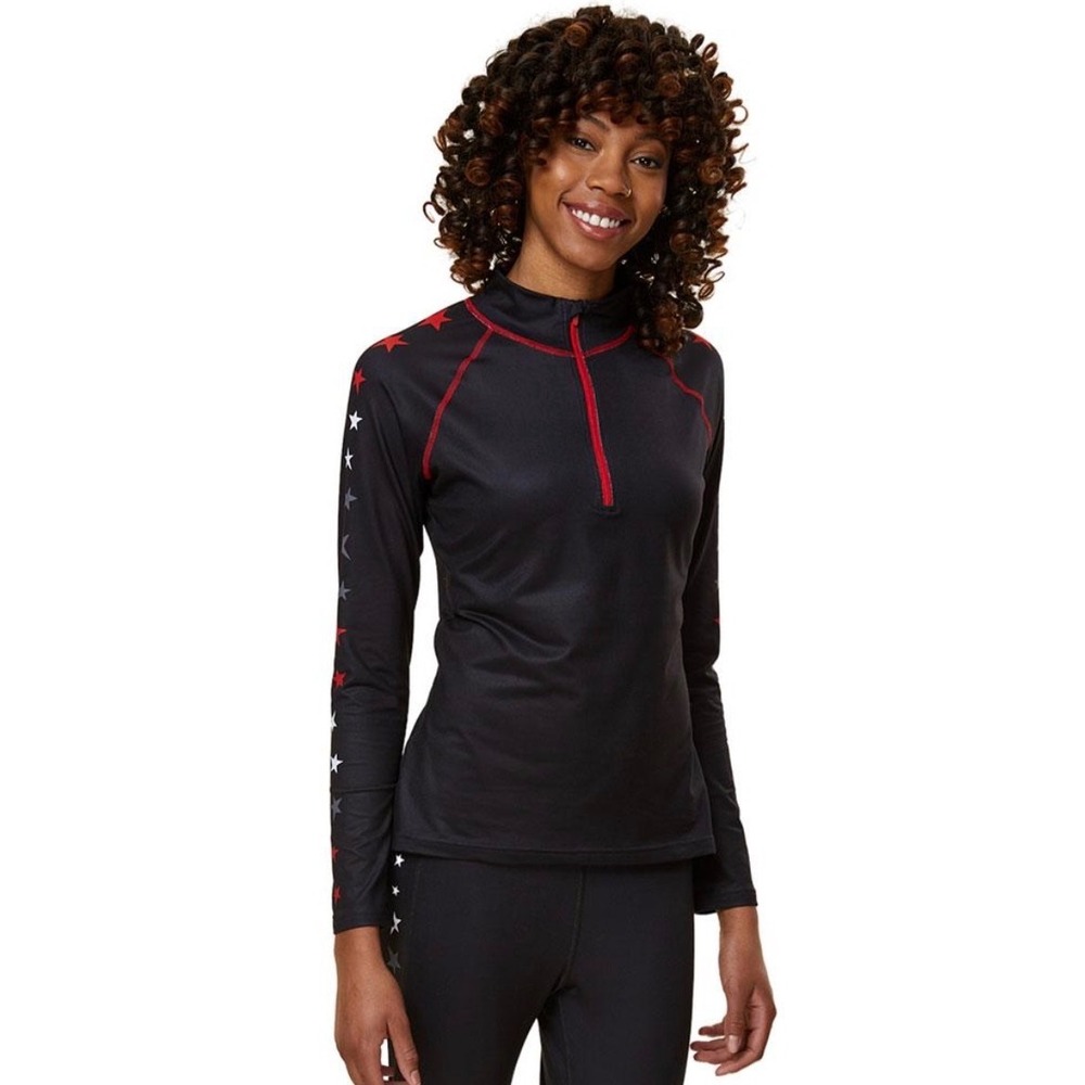 Krimson Klover Stargaze Womens Black Red Star Print Quarter Zip Base Layer Top M